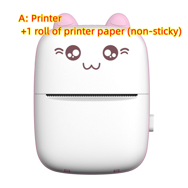 Portable mini label printer, pink, rounded front with paper feed opening