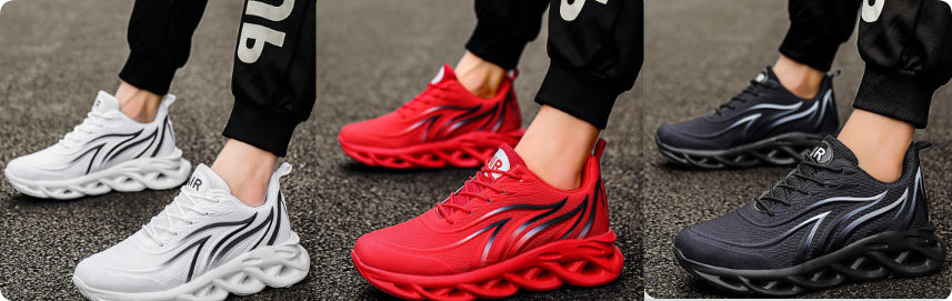 Three-color running shoe set: white, red, and black lace-up sneakers shown on feet