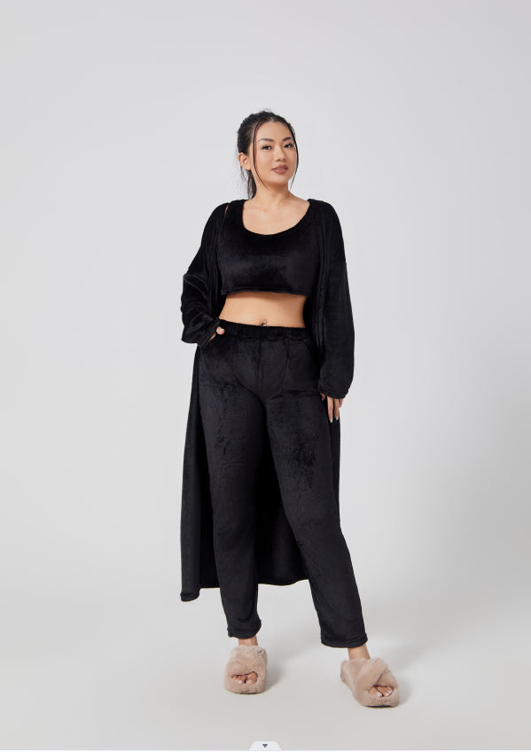 Women’s 3-piece pajama set in black: long cardigan robe, crop top, and matching pants.