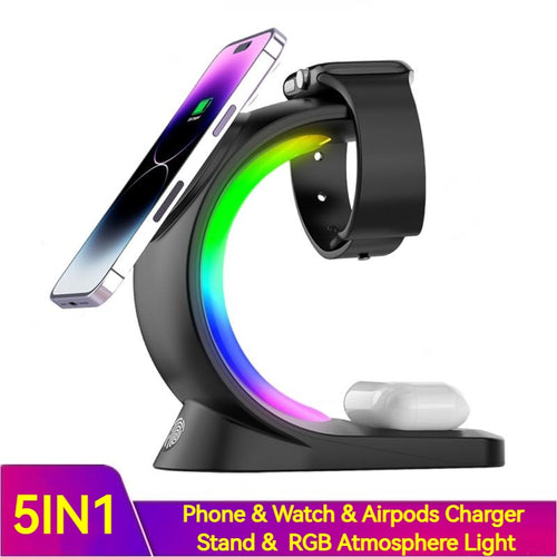 Magnetic wireless charger stand in black with RGB ring light and dock for phone and watch