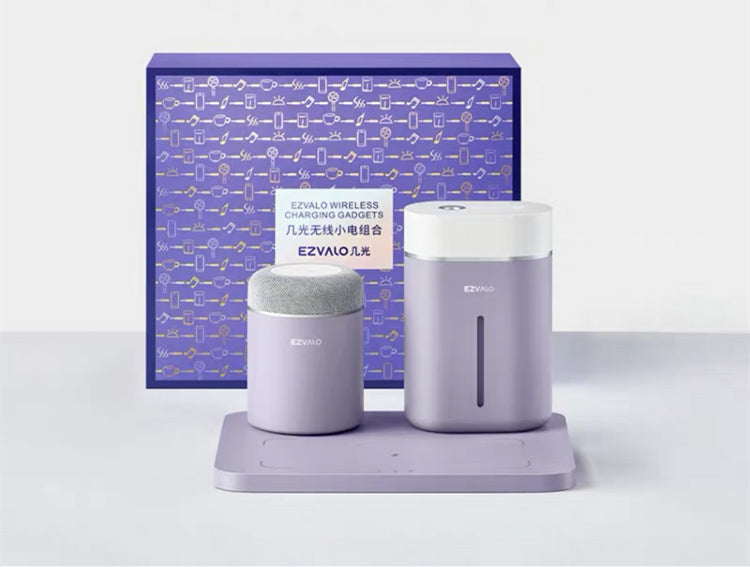 Wireless charging night light speaker set: two cylindrical speakers on a base, light grey