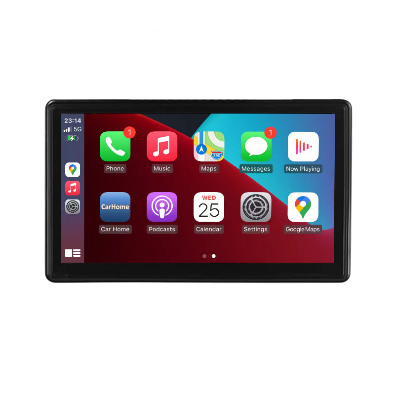 Car smart screen display with app icons and Google Maps, red menu background