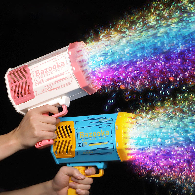 Close-up of pink and blue bubble gun toys with colorful bubble spray from nozzles