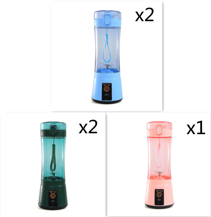 Portable electric fruit juicer blender with clear cup and light blue, teal, pink bases