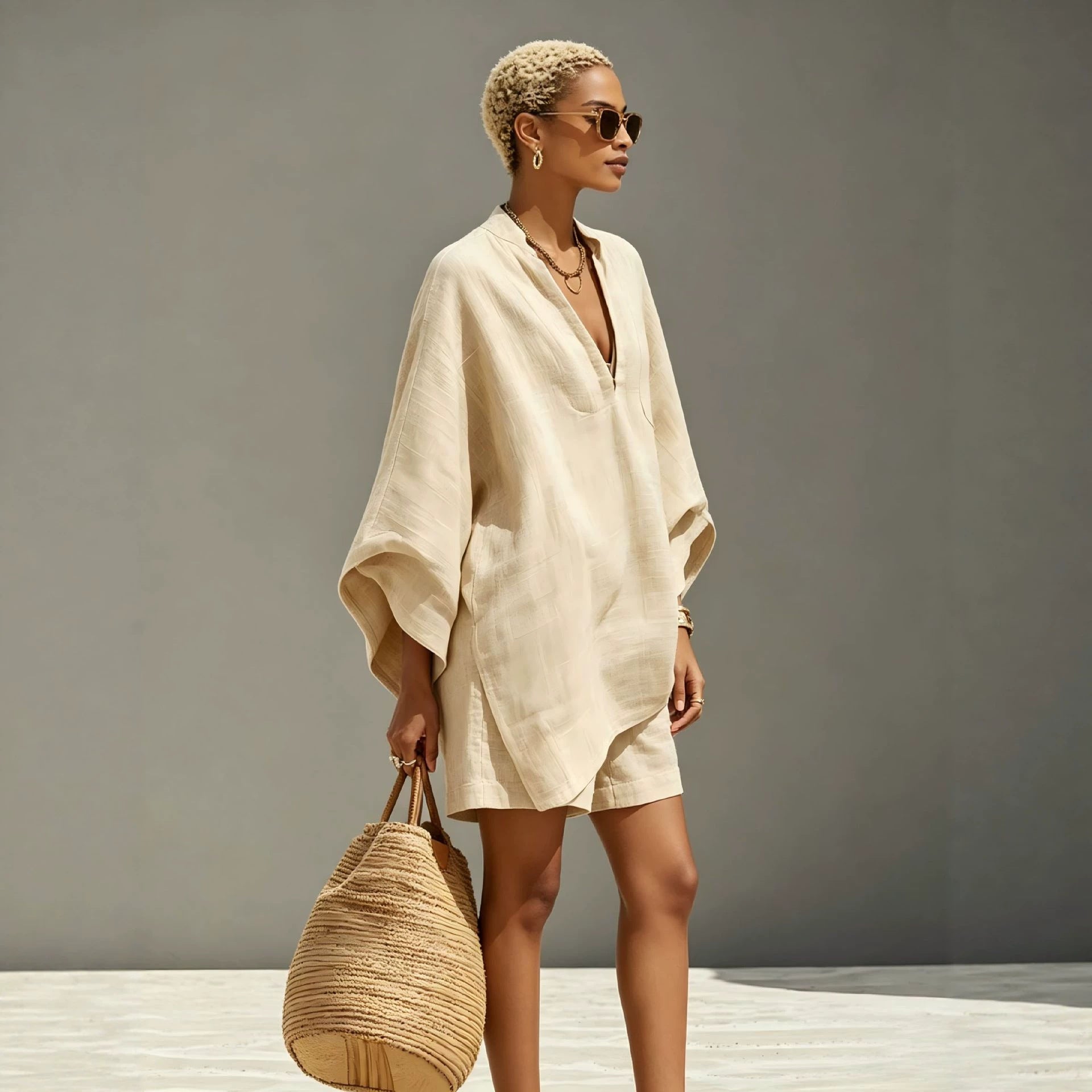 Off-white V-neck batwing-sleeve set with matching shorts, side view