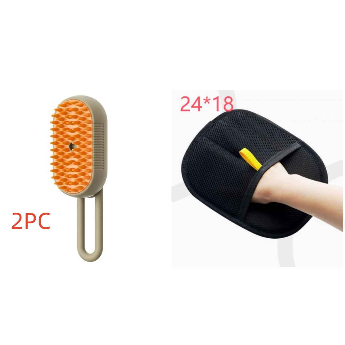 Beige electric pet steam brush with orange nodule head, shown with black hair-removal glove.