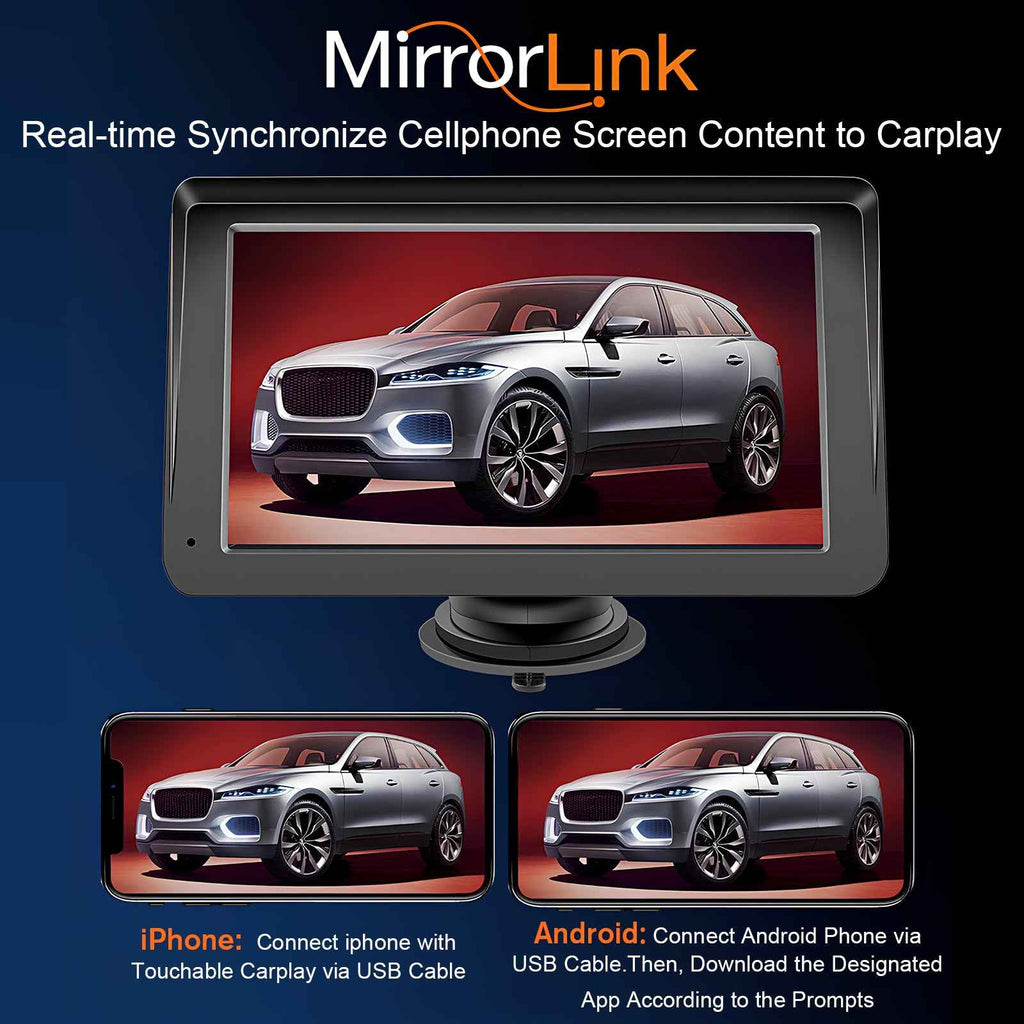 Portable car stereo with touchscreen displaying a car video, mounted on a base