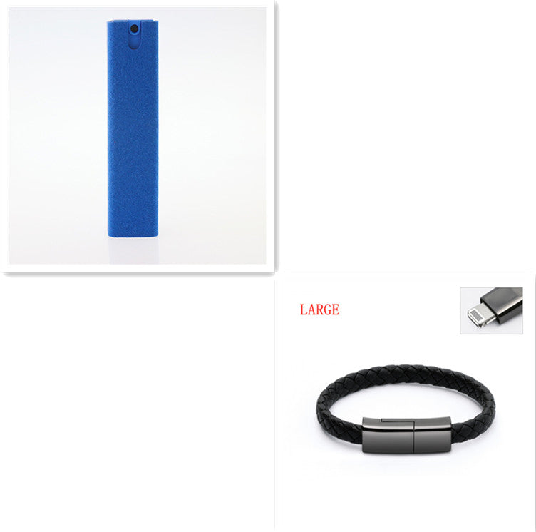 Blue microfiber screen cleaner cylinder with braided strap and metal clasp