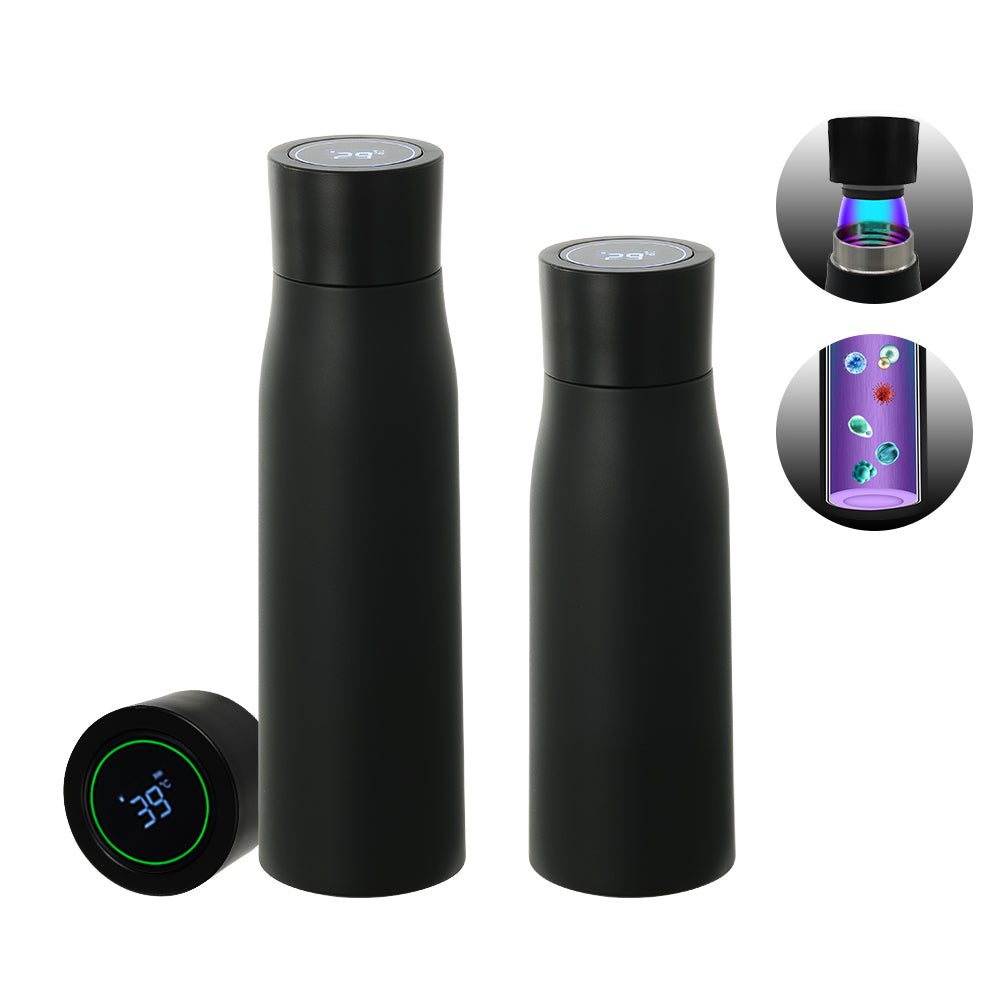 Black insulated thermal water bottle tumbler set with smart temperature display