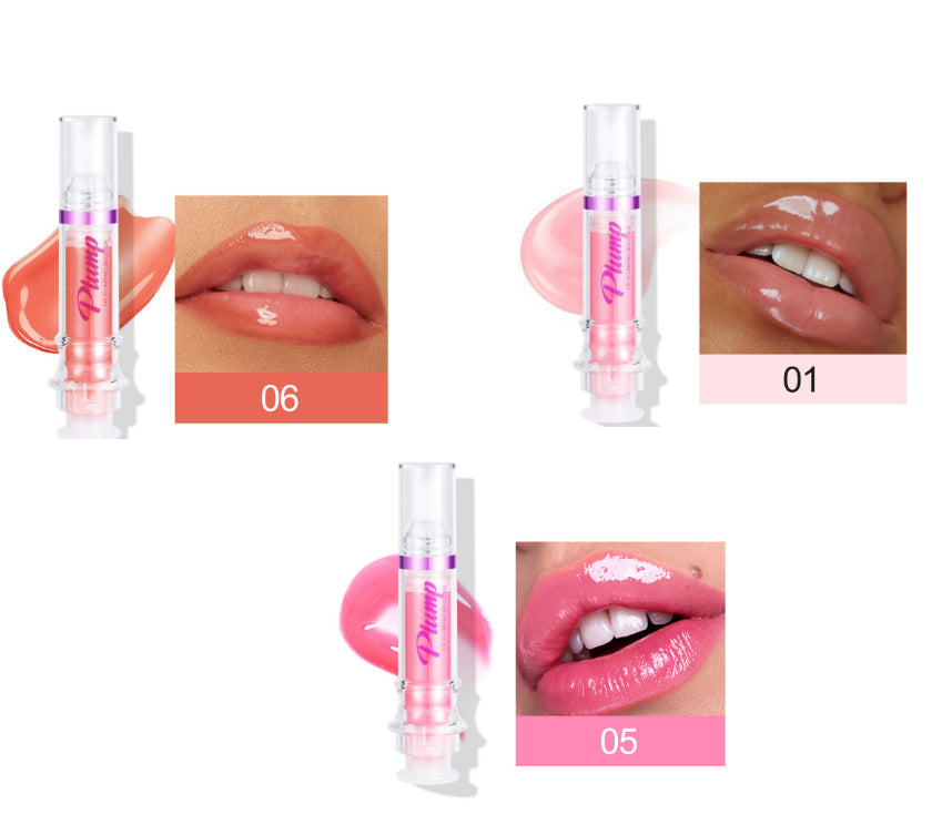 Glossy lip color tube with coral shade 06 and nude pink shade 01 swatches