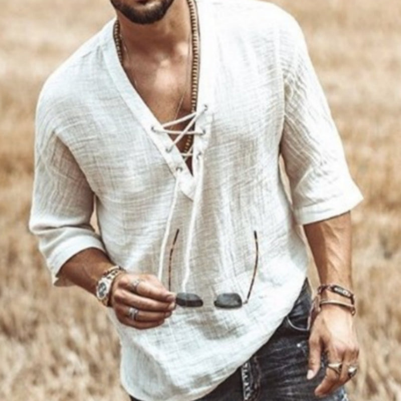 Men's short-sleeve button-up shirt, light cream, open collar with laced front