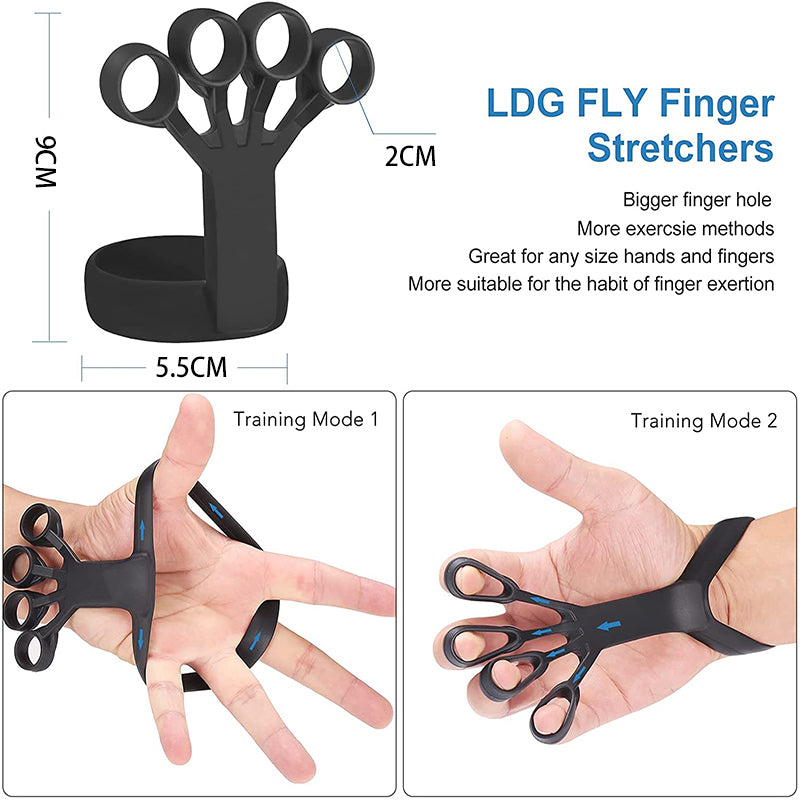 Black silicone finger stretcher with loop rings, standalone hand exercise device