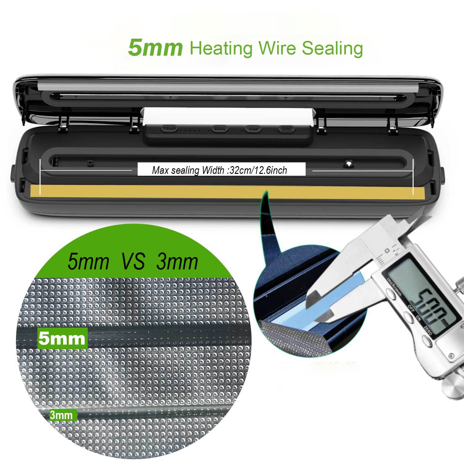 Vacuum sealer heating wire sealing area with max sealing width shown in a close-up