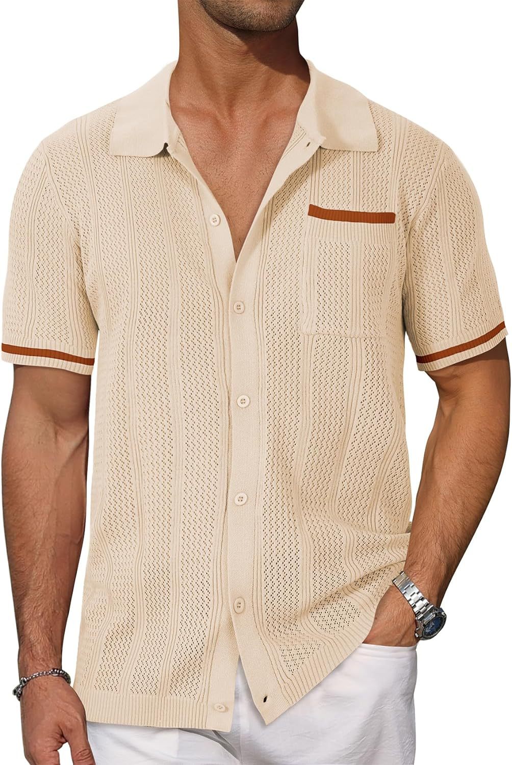Men’s short-sleeve knit shirt, khaki cream, button-front with chest pocket and brown trim.
