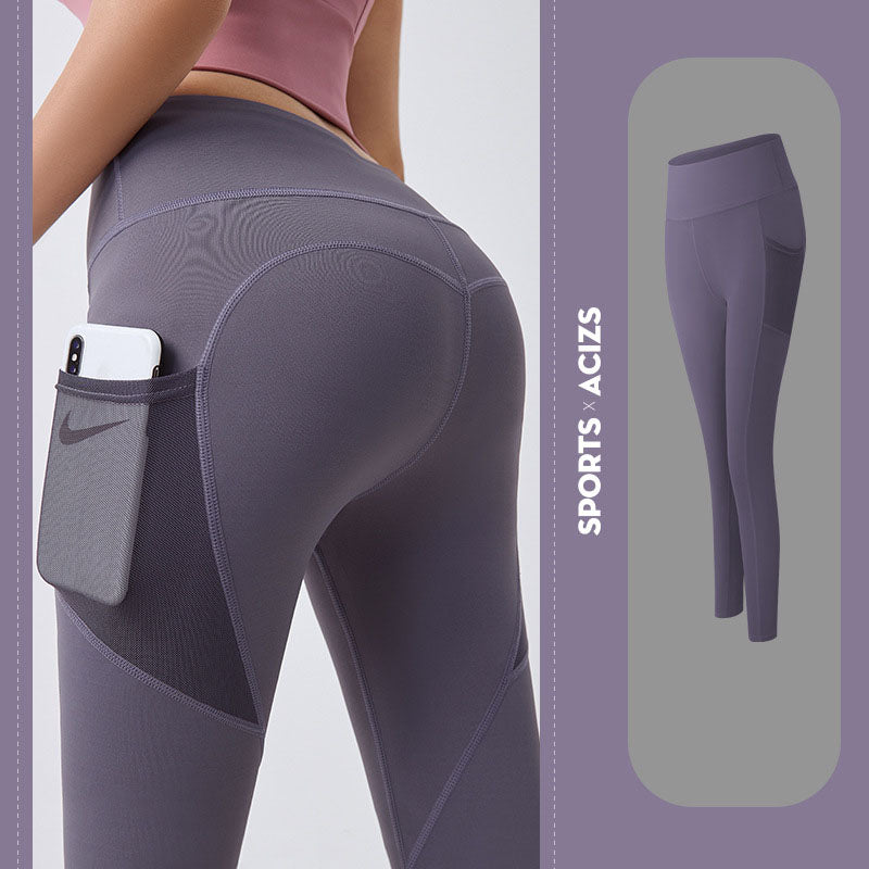 Women’s yoga leggings with phone pocket, dark purple, high-rise fit.