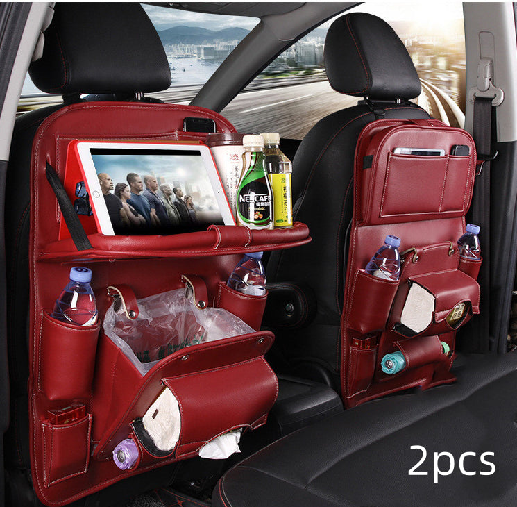 PU leather car seat back storage organizers, red 2pcs with front tray and drink bottle pockets