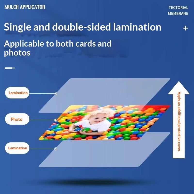 Lamination infographic for single and double-sided photos and cards, arrows show layers
