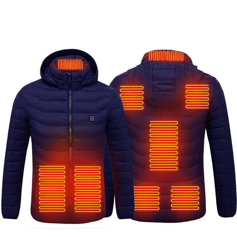 Navy heated puffer jacket with glowing front and back heater panels