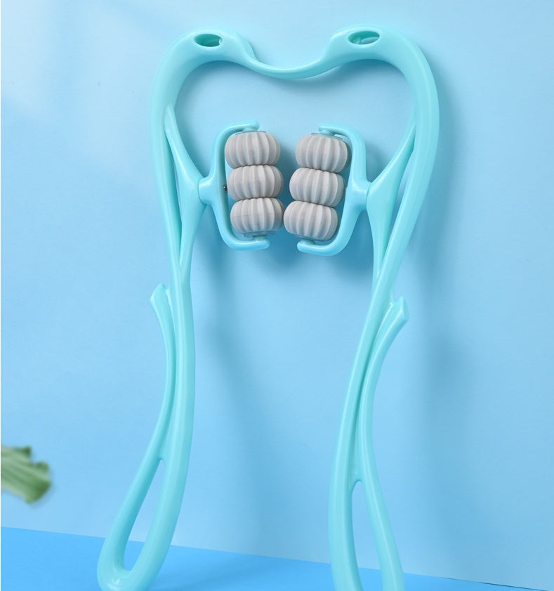 Teal neck massage roller tool with four ribbed wheel discs in center