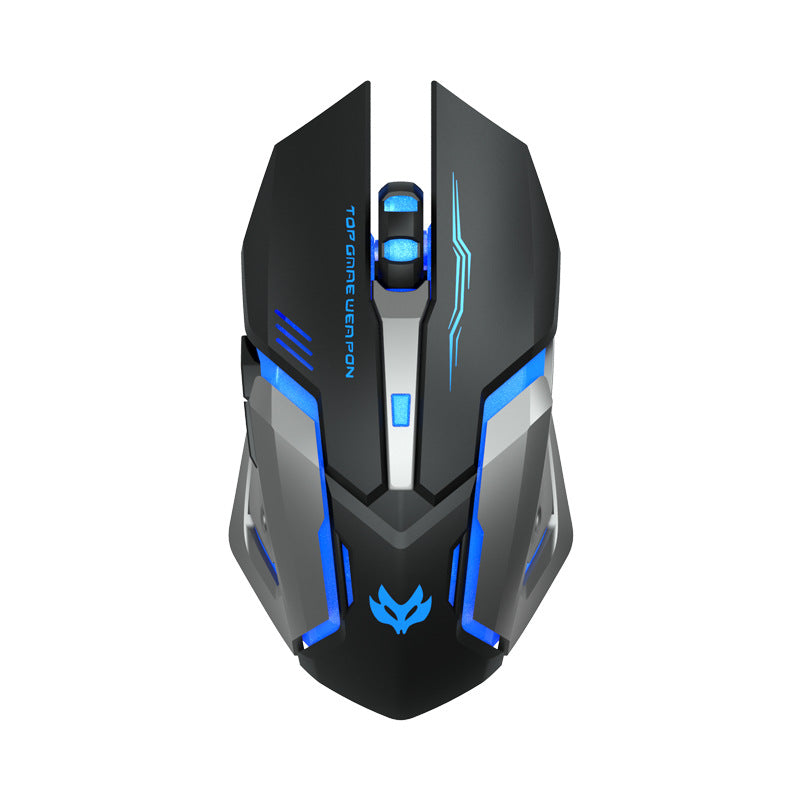 Wireless gaming mouse, black with blue LED lines and textured side cutouts