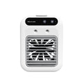 Portable mini air cooler front view with grille and control panel, white body