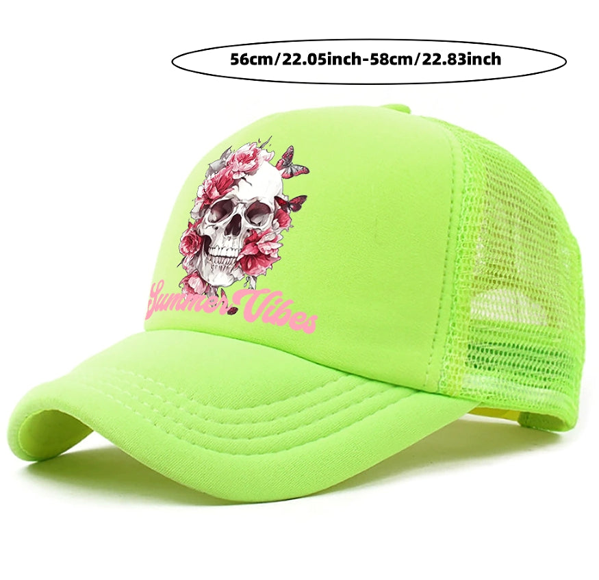 Men's casual baseball cap, neon green front with skull floral graphic and mesh back