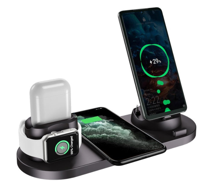 Wireless charging dock with phone and watch stands, dark base and white charging pods