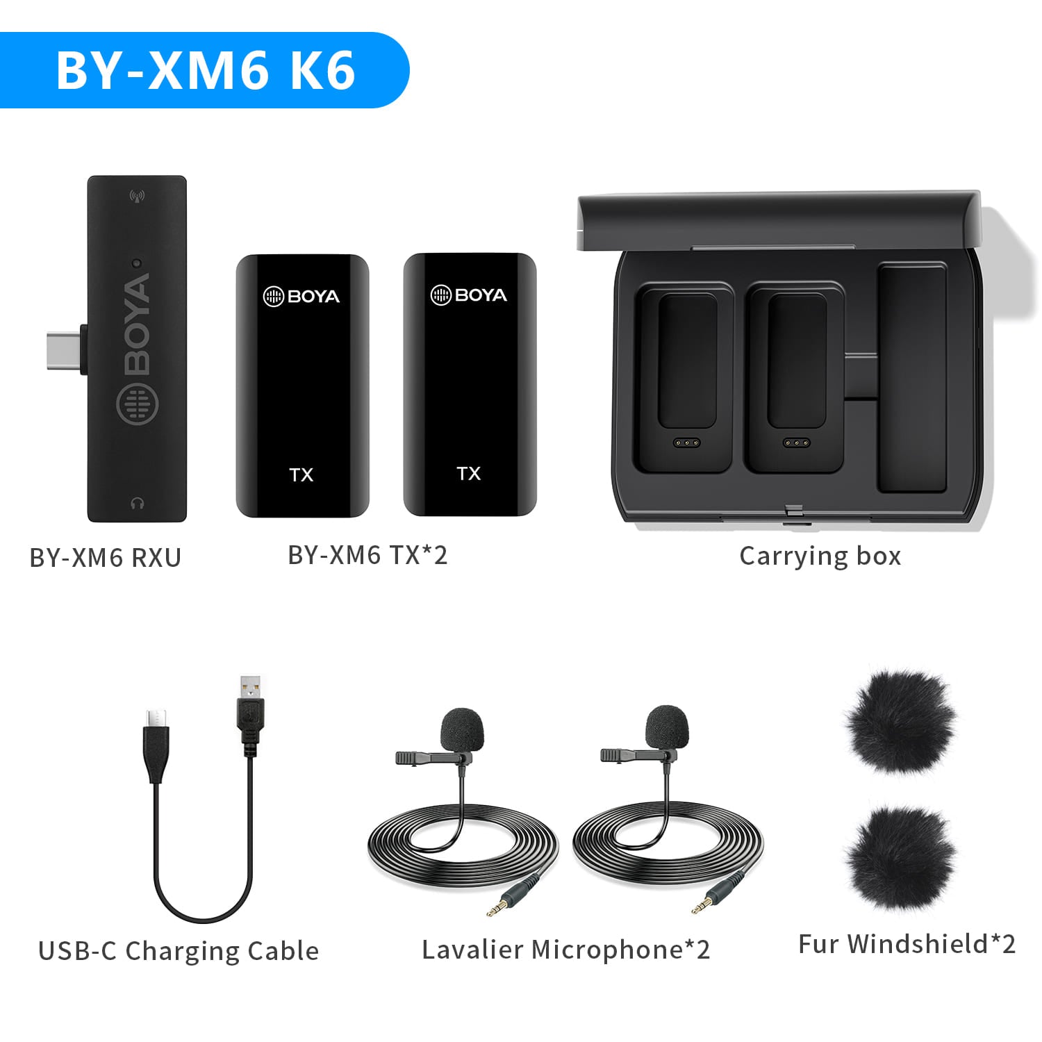 Clip-on wireless lavalier microphone kit with carrying box: 2 microphones, USB-C cable, 2 fur windshields