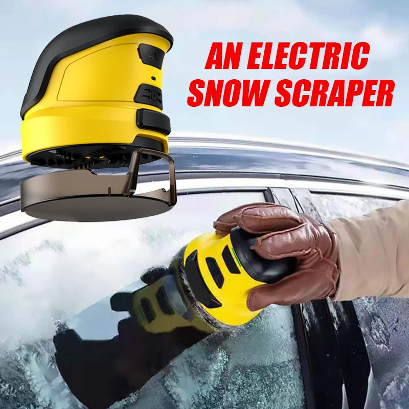 Yellow cordless electric snow scraper with black pad, in use on a windshield