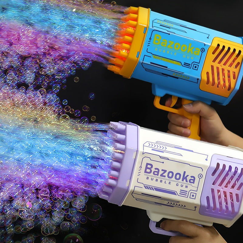 Blue bubble gun toy with multiple nozzles, releasing colorful soap bubbles from barrel