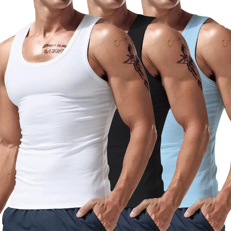 Men's sleeveless crewneck tank top set: white with black and pale blue tops