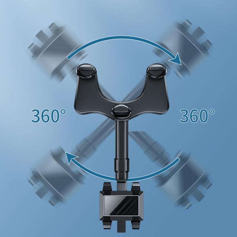 Black rearview mirror phone holder with 360° rotating arm and fixed phone mount