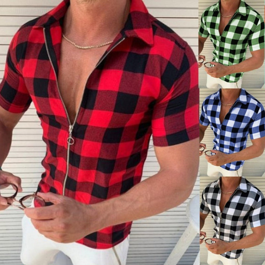 Men's plaid short-sleeve zip shirt in red and black