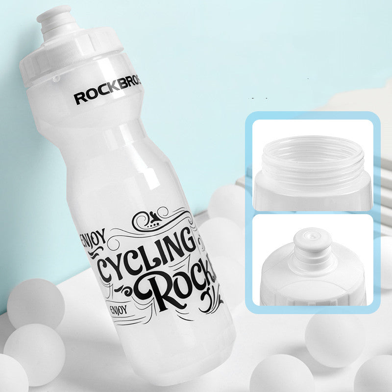 White cycling water bottle, angled view, with ROCKBROS logo and graphics