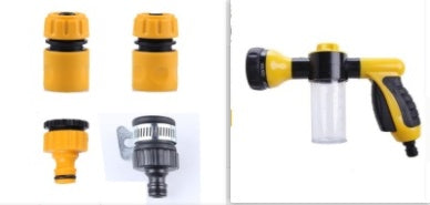 Yellow foam spray gun with clear bottle and accessory set: yellow caps and gray connector