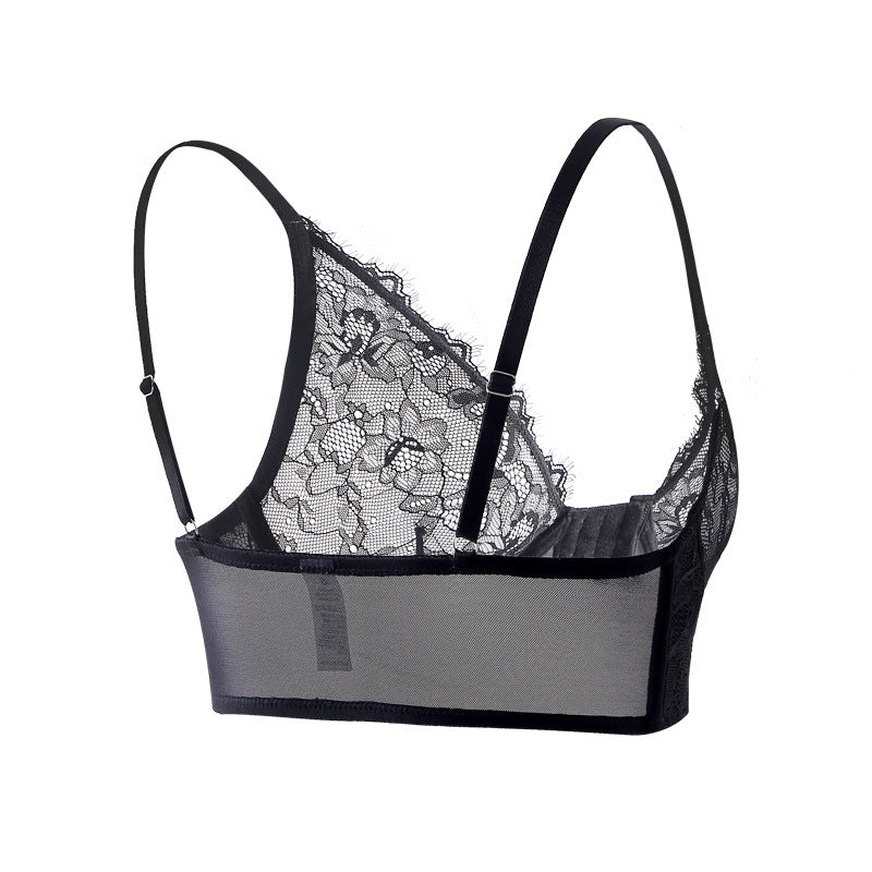 Black lace push-up bra with sheer upper cups and wide lace band