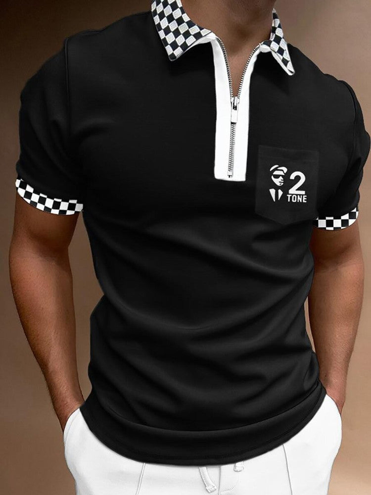 Men’s black polo shirt with checker trim at sleeves and chest pocket; zip neck, short sleeves.