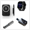 Black Bluetooth earbud set with charging case, charging pad, and smartwatch