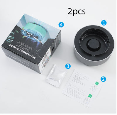 Portable air-purifying ashtray with round filter and 2 filter sets, includes paper inserts