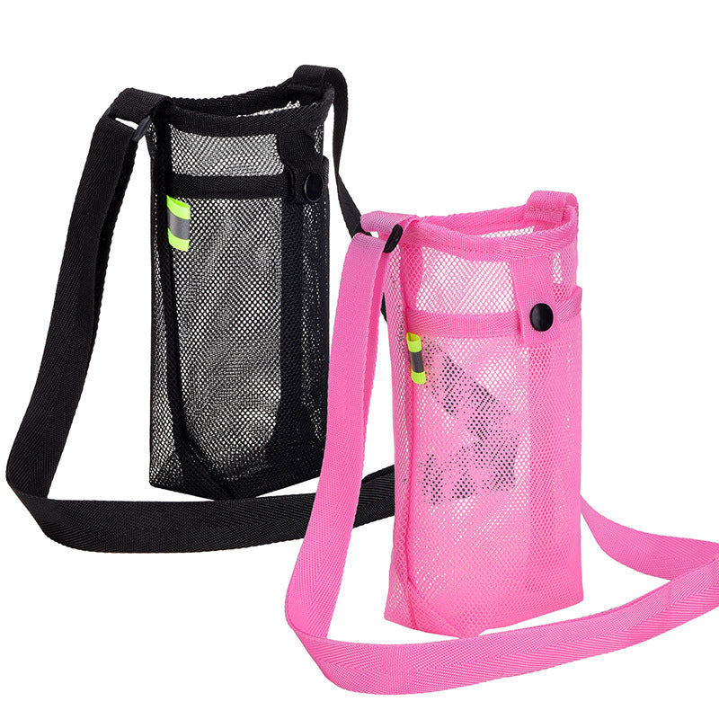 Mesh water bottle holder sling bag in black with adjustable shoulder strap