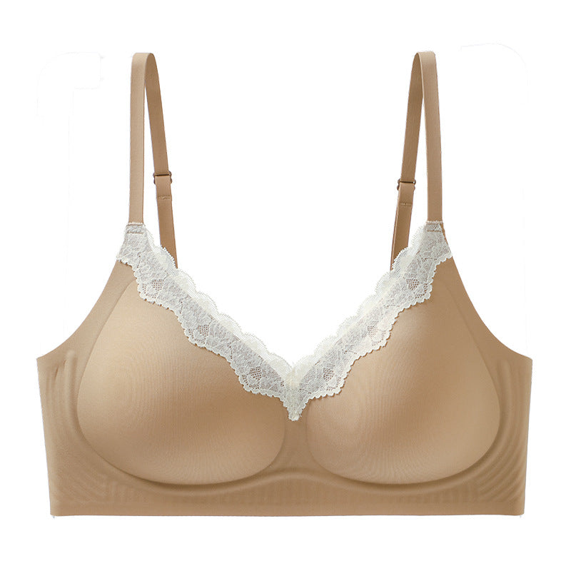 V-neck lace seamless bra, medium tan flat lay with white lace V-neck trim and straps