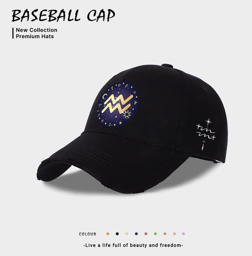Black baseball cap with starry lightning emblem and white side line-art symbol