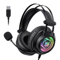 Black over-ear gaming headset with boom mic and USB cable, RGB ring on ear cup