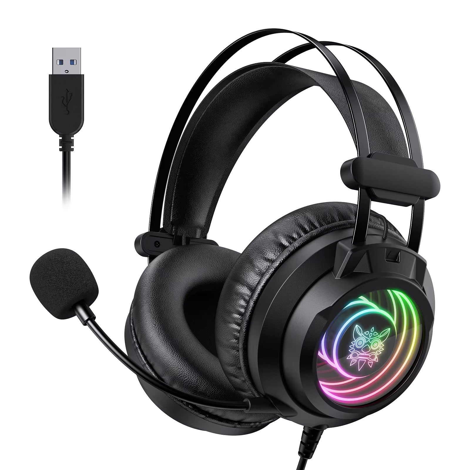 Black over-ear gaming headset with boom mic and USB cable, RGB ring on ear cup
