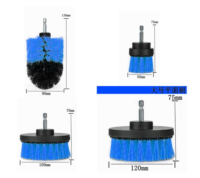 Electric drill cleaning brush attachment with blue bristles and black circular base