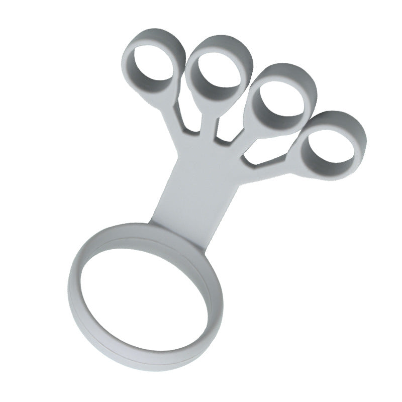 Silicone finger exercise stretcher with four finger loops and large hand ring, light grey