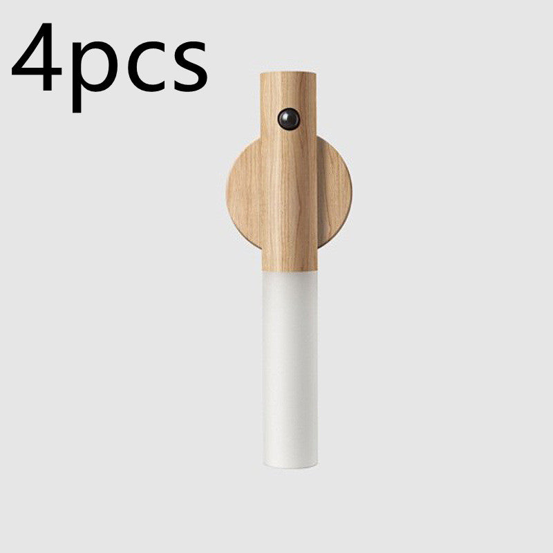 Wood and white magnetic LED night light with circular sensor on top, 4-pack