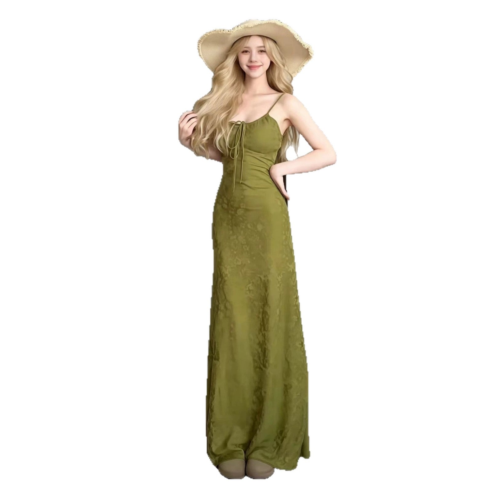 Green maxi strap dress with square neckline and built-in padded bra, full length