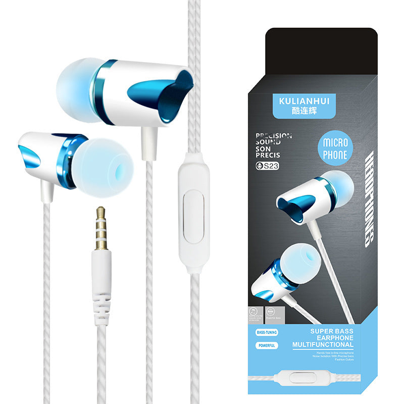 Wired in-ear headphones with blue ear tips, white inline remote, and retail box