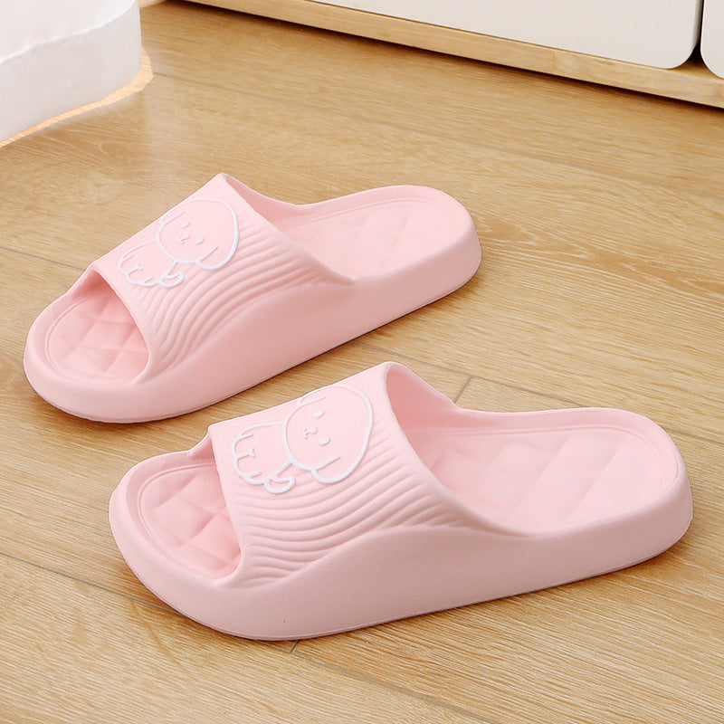Pink cartoon dog slide slippers with open toe and quilted footbed